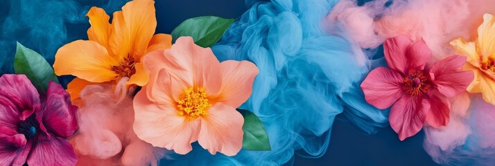 Poster - A vibrant abstract image featuring colorful flowers surrounded by swirling smoke, creating a mesmerizing and artistic composition. The flowers symbolize beauty, growth, and life, while the smoke repre