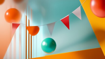 Poster - A vibrant and playful abstract composition featuring colorful bunting, balloons, and geometric shapes. The image evokes feelings of celebration, joy, and lightheartedness. The contrasting colors and s