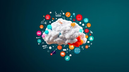 Poster - A vibrant illustration of a cloud shaped like a brain, surrounded by colorful icons symbolizing technology, innovation, ideas, connection, and growth.