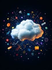 Poster - a vibrant illustration depicting a fluffy cloud symbolizing cloud computing. surrounding the cloud a