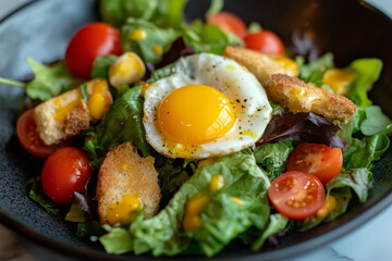 A close-up shot of an exquisite salad with mixed greens, cherry tomatoes, and croutons on the side. The vibrant colors of the green lettuce contrast beautifully against a dark plate, while a large, so