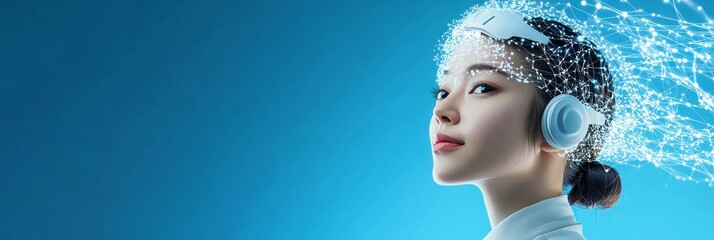 Poster - A woman with a futuristic appearance gazes upwards, her hair adorned with a web of digital connections, symbolizing the interconnectedness of the modern world, the power of technology, and the potenti