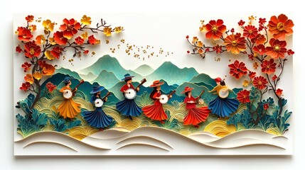 Wall Mural - Paper Quilling Art Women Playing Music in a Flowery Landscape