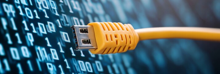 Poster - A yellow Ethernet cable connected to a computer, symbolizing the transmission of digital data, network connectivity, internet access, technological advancements, and the flow of information.