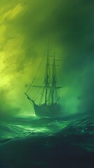 Green and yellow floating ocean and boat illustration poster background