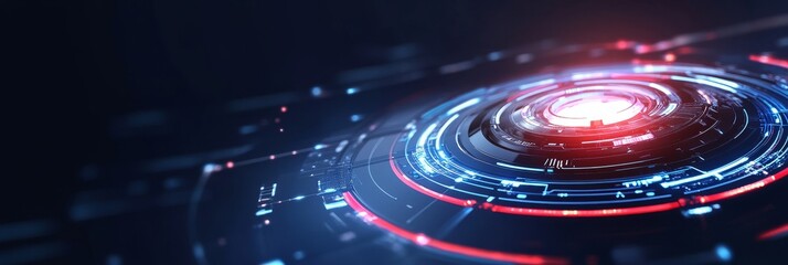 Poster - Abstract futuristic technology background featuring a circular, glowing interface with red and blue lights, symbolizing innovation, connectivity, data processing, digital progress, and the future of t