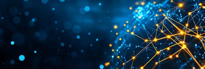Poster - Abstract digital art representing a network of connections with glowing yellow dots on a blue background. It symbolizes communication, technology, innovation, growth, and interconnectedness.