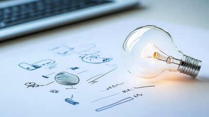Poster - An illuminated light bulb rests on a sketchpad, symbolizing the power of inspiration and innovative ideas.  The sketchpad represents the process of brainstorming and developing concepts, while the lig