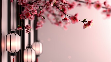 Wall Mural - A serene scene featuring cherry blossoms and lanterns, evoking tranquility and cultural beauty.