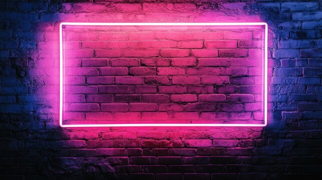 Neon rectangle emitting purple light on a brick wall, creating a bold and vibrant frame.
