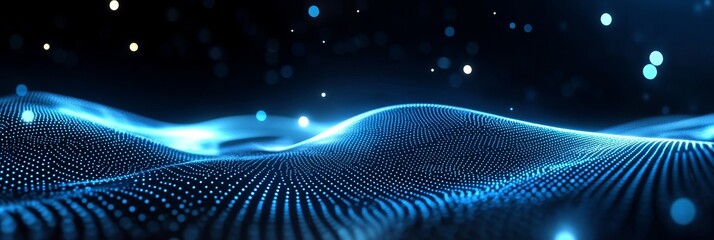 Poster - This abstract digital background features a blue glowing dot pattern that creates a wave-like form. The image symbolizes technology, data, connection, innovation, and the future.