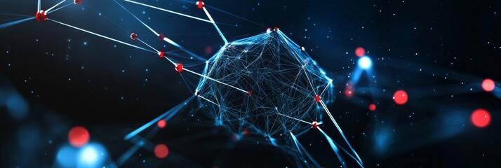 Wall Mural - This abstract image represents a network of connected nodes, with a central, glowing sphere surrounded by smaller, red-colored orbs, suggesting the interconnectedness and dynamic flow of information o