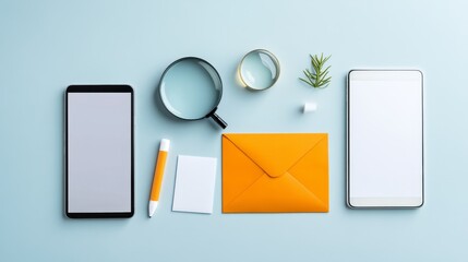 Poster - This image depicts modern digital communication with a smartphone, tablet, envelope, and magnifying glass. It symbolizes the importance of communication in today's world, the need to be connected, and