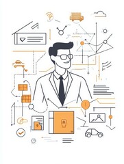 Poster - This illustration depicts a logistician, a professional managing the efficient flow of goods and services. The surrounding line art symbolizes key elements in logistics, including transportation, tech