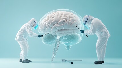 Poster - this image depicts two scientists in protective gear examining a large, stylized human brain. the br