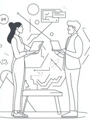 Poster - Two business professionals stand with laptops, discussing innovative fintech solutions. They are surrounded by abstract geometric shapes, symbolizing ideas, connections, and data analysis, showcasing 