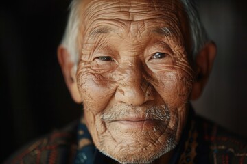 Aufkleber - An elderly man expresses deep wisdom and tranquility, his weathered face reflecting a lifetime of experiences in a softly lit environment. Generative AI