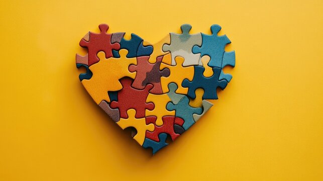 Puzzle pieces forming a vibrant heart on a yellow background, perfect for a love or teamwork theme.