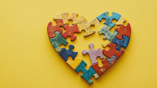 Puzzle pieces forming a vibrant heart on a yellow background, perfect for a love or teamwork theme.