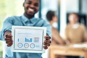Aufkleber - Portrait, business and man with tablet screen, graphs and sales person for startup, smile and digital app. Face, online feedback or consultant with tech, showing or connection with charts for results