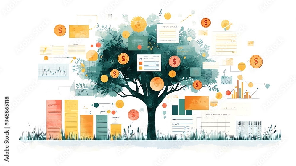 A watercolor illustration of a money tree symbolizing financial growth ...