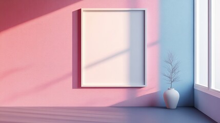 Poster - Soft pastel wall with a blank white frame, minimalistic decor, subtle shadows, and clean space, ideal for art display or background use.
