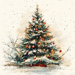 Wall Mural - Christmas Tree with Red Ornaments and Snow.