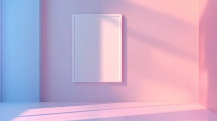 Poster - Soft pastel wall with a blank white frame, minimalistic decor, subtle shadows, and clean space, ideal for art display or background use.