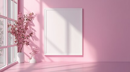 Poster - Soft pastel wall with a blank white frame, minimalistic decor, subtle shadows, and clean space, ideal for art display or background use.