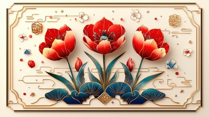 Sticker - Traditional Chinese Floral Design with Red Flowers and Gold Accents