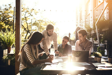 Poster - Business, group and smile in meeting, cafe and ideas for project, graph and laptop with stats. Happy, SEO and teamwork of people, creative and thinking of information and discussion of paperwork