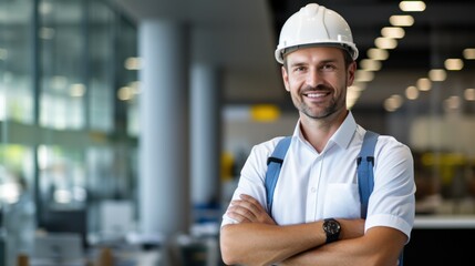 Wall Mural - A confident male engineer in a white hard hat and safety vest, standing 