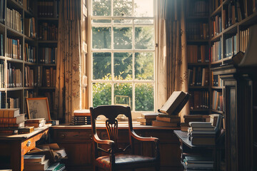 Sticker - Vintage Study of Intellectual Influence with Classic Books and Morning Light  