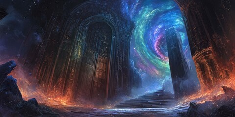 Wall Mural - Ancient ruins lead to starry sky through portal.