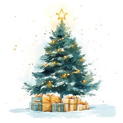 Sticker - Watercolor Christmas Tree with Gifts.