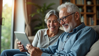 Wall Mural - Indian/Asian Senior couple video chatting on tablet/computer while sitting at couch or in garden at home, selective focus, couple use mobile