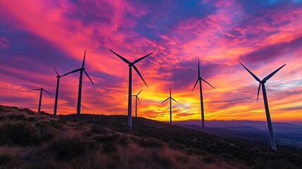 Wall Mural - Wind turbines silhouetted against a vibrant sunset, with the sky painted in shades of orange, pink, and purple. A perfect backdrop for an eco-themed wallpaper.