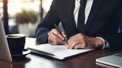 Poster - A professional businessman in a sleek suit holding a notebook, 