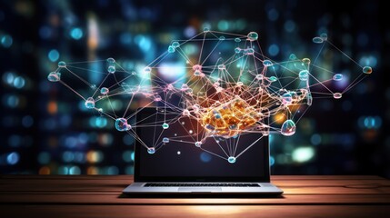 Poster - A top-down view of a computer desk with a laptop displaying a neural network diagram, 