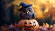 © Jari.art - Cartoon owl statue perched on a pumpkin wearing a tiny witch hat with big round eyes and a wise expression spooky yet cute