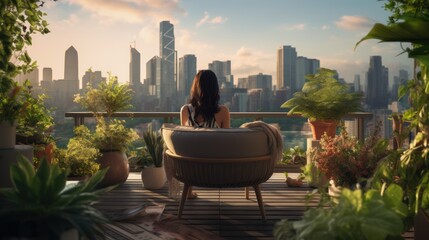 Wall Mural - A woman in a stylish outfit relaxes on a rooftop terrace, 