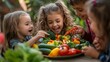 © pkproject - Group of children sharing a plate of fresh,vibrant vegetables in a playful setting