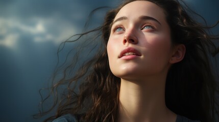 Wall Mural - A young woman looking up towards the sky, with her eyes reflecting curiosity and hope, 