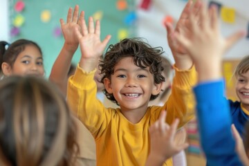 Wall Mural - Group of diversity happy kids making high five classroom child togetherness.