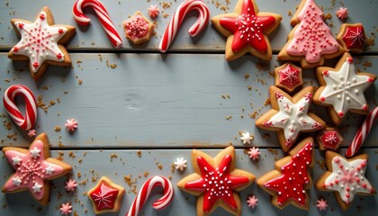 Wall Mural - Sweet Christmas  Starshaped cookies and candy canes on a wooden table