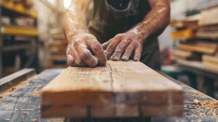 Sticker - man owner a small furniture business is preparing wood for production. carpenter male is adjust wood to the desired size. architect, designer, Built-in, professional wood, craftsman, workshop.