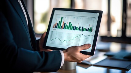Poster - Businessperson holding a tablet displaying rising financial graphs 