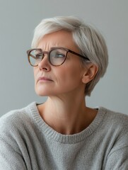 Aufkleber - A middle-aged woman with short gray hair and glasses contemplates quietly while dressed in a soft, light sweater, sitting in a minimalistic environment. Generative AI