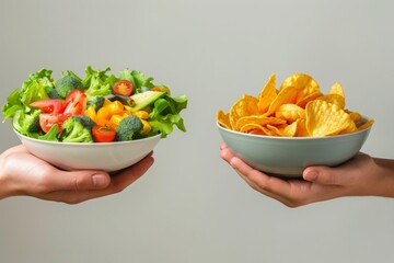 One hand holding a bowl of vegetable salad, the other holding chips. Healthy natural organic fresh vegetarian food vs unhealthy processed fast junk food. Lunch or snack decision