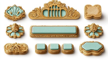 Set of Ornate Gold Cabinet Hardware with Mint Green Accents